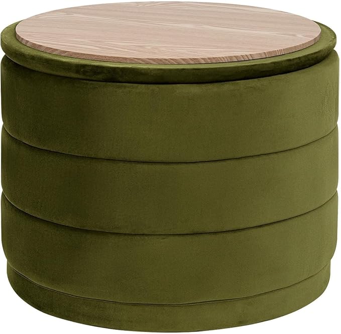 PINPLUS Large Round Velvet Storage Ottoman, Olive Green Upholstered Footstool with Hidden Storage, Sturdy Coffee Table Ottoman for Living Room & Bedroom