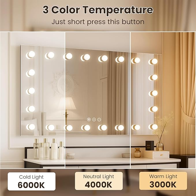 WTTY LED Bathroom Mirror with Lights 40"x24" Hollywood Wall-Mounted Mirror with 3 Color Temperatures, Stepless Dimmable Bulbs, Anti-Fog & Shatter-Proof