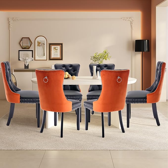 PU Upholstered Dining Chairs Set of 6, Modern Style Kitchen Side Chairs with Nailhead Trim and Wood Leg, Metal Pulling Ring for Dining Room Living Room(Black&Orange,Set of 6)