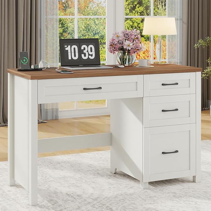 Vabches Farmhouse 47" Executive Desk, Computer Desk with File Drawer and Charging Station, Workstation for Home Office & Study.Off White