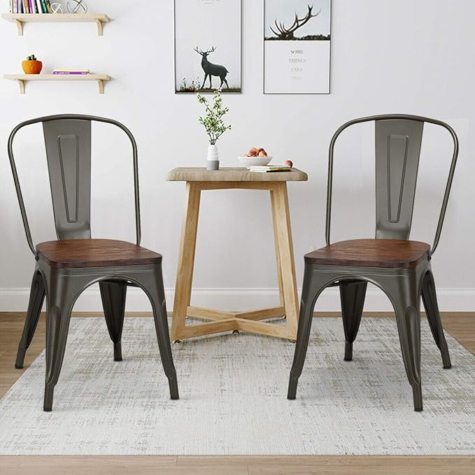 COSTWAY 18 Inch Dining Chair Set of 4, Industrial Vintage Stackable Metal Chairs, Counter Bar Chairs with High Backrest, Wood Seat, for Home, Kitchen and Cafe Bar Use