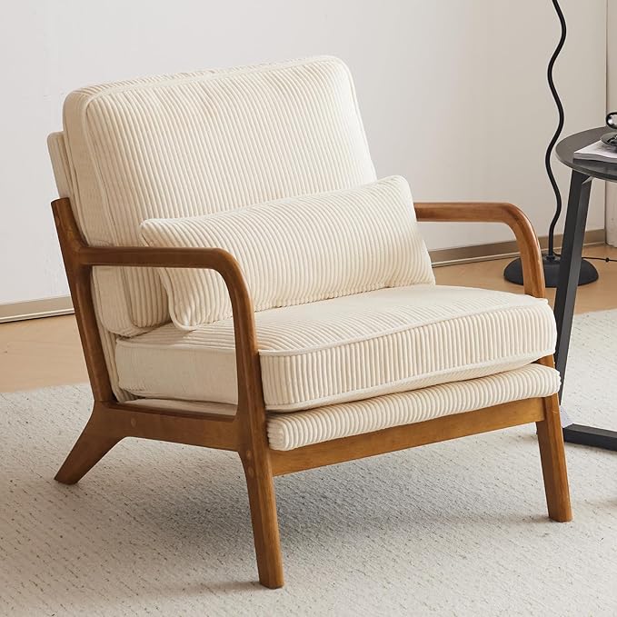 VINGLI Upgraded Premium Corduroy Accent Chair,Upholstered Arm Chair,Solid Wood Comfy Reading Chair with Lumbar Pillow, Mid Century Modern Chairs for Living Room,Bedroom,Guest Room,Beige