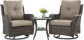 HUMMUH 3-Piece Swivel Rocking Rattan Chair Outdoor, Patio Bistro Furniture Conversation Set,Cushioned Wicker Chair with Glass Coffee Table(Brown, Grey)