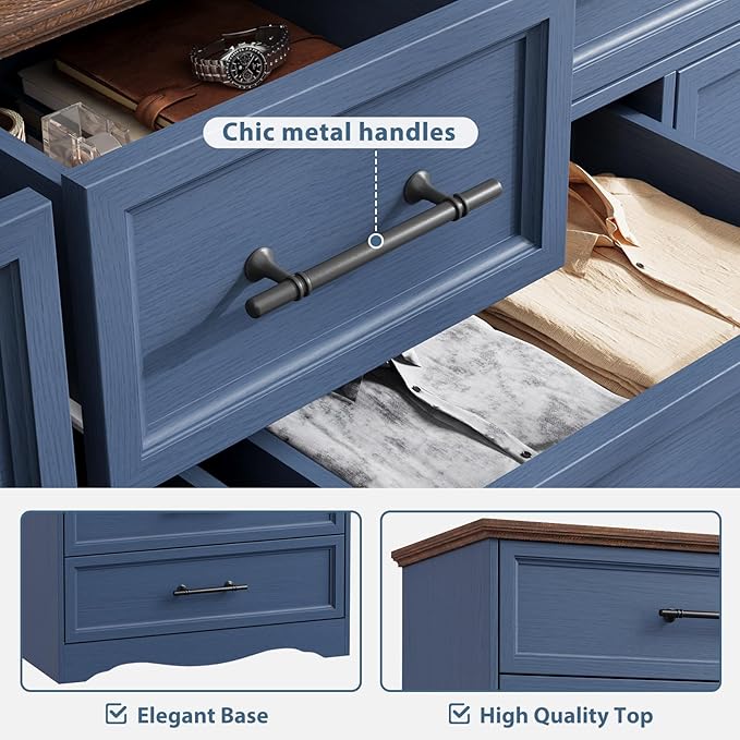 Blue Farmhouse Dresser for Bedroom, 10 Chest of Drawers, 59" Wide Chest of Drawers with Brushed Metal Handle, Wood Closet Organizers and Storage Cabinet for Bedroom, Living Room, Hallway