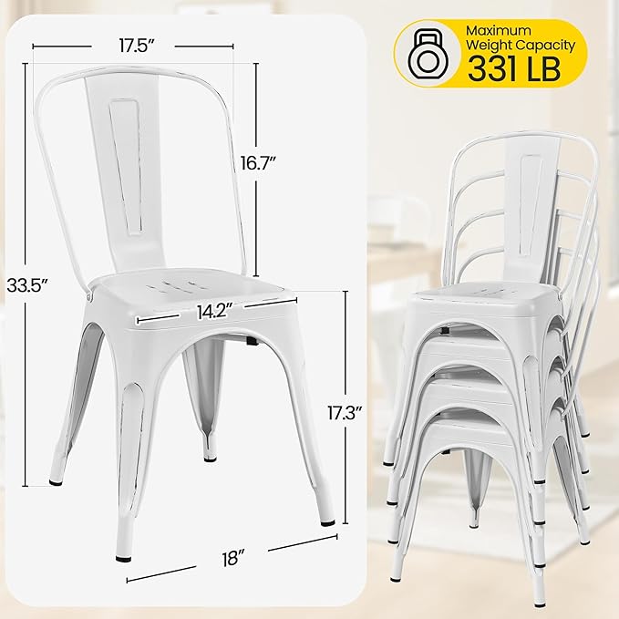 Yaheetech Metal Dining Chairs Set of 4, Industrial Stackable Kitchen Chairs with Back for Dining Room/Restaurant/Bistro/Patio, Indoor & Outdoor Use, Distressed White