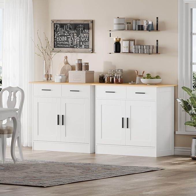 Buffet Cabinet with Storage - Buffets & Sideboards Kitchen Storage Cabinet, Wood Console Table Coffee Bar Accent Cabinets for Living Room Dining Room Entryway Small 2 Doors & Drawers, White 35.4"W