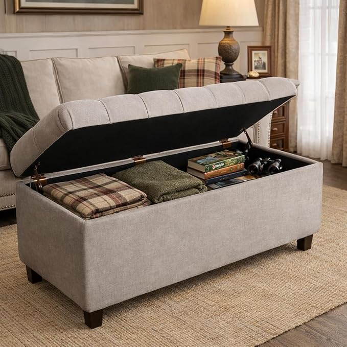 Homepop Home Decor | Tufted Ainsley Button Storage Ottoman Bench with Hinged Lid | Ottoman Bench with Storage for Living Room & Bedroom, Grey