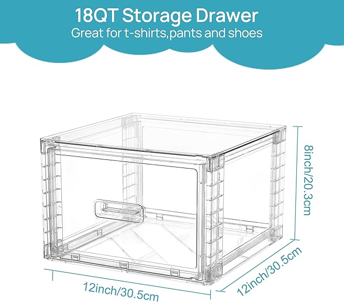 Vtopmart 3 Pack 18QT Clear Stackable Storage Drawers,Easily Assemble Closet Organizers,Plastic Storage Bins for Bathroom,Cabinet,Kitchen Pantry,Under Sink Organization(Medium)