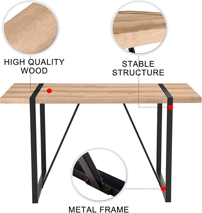 55'' Dining Table for 4-6, Wood Kitchen Table with Metal Legs, Dinner Table for 4-6 for Home Dining Room Living Room