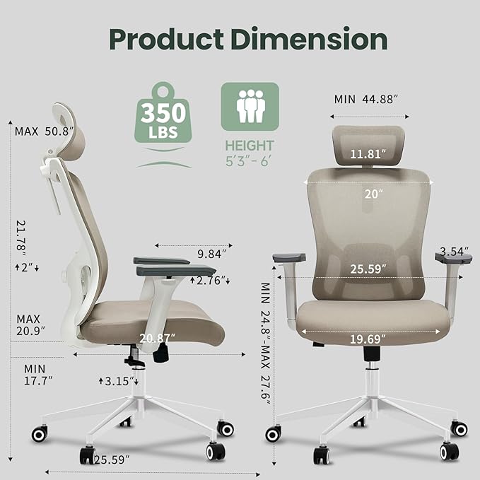 Ergonomic Office Chair - 350LB Mesh Office Chair with Adjustable Lumbar, High Back Computer Chair with 3D Armrests, Comfy Chair with 2D Headrest & Tilt Function for Study, Work, Gaming
