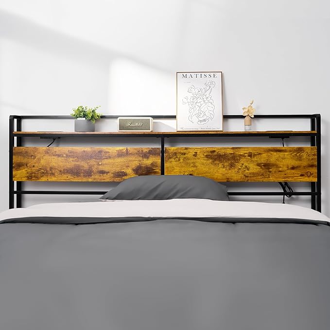 VEVOR Headboard for King Size Bed, Adjustable Height Headboard with Storage Shelf, King Size Freestanding Head Board with Outlets and USB Port for Different Bed Frames, Easy Assembly, Black and Brown