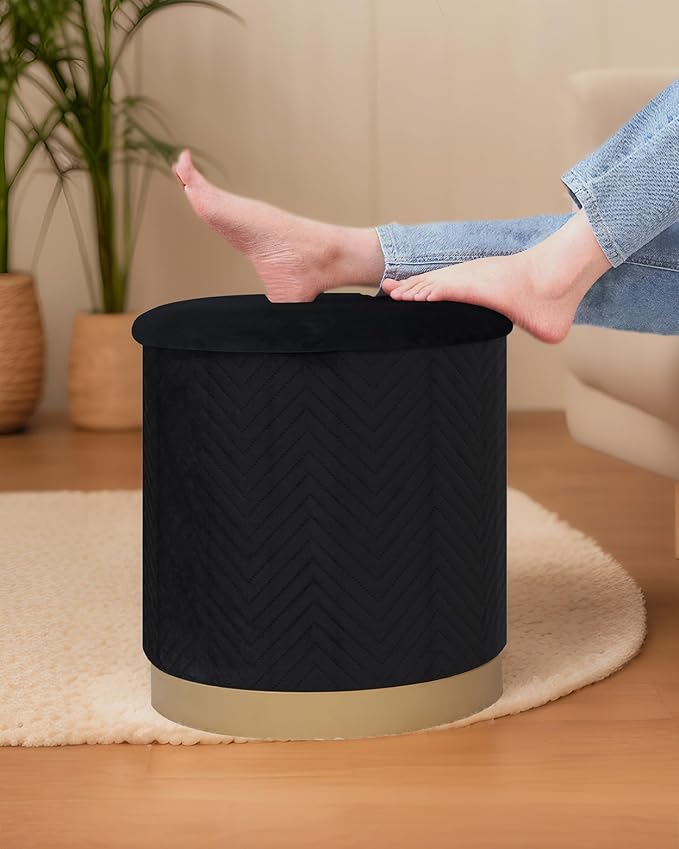 B FSOBEIIALEO Ottoman with Stroage, Round Velvet Storage Ottoman with Gold Plating Base,Foot Rest Stool for Dorm Room, Living Room Black, 16.73"x16.73"x17.72"
