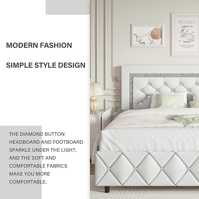 BarnFurin Queen Bed Frame, Upholstered Platform Bed with Button Tufted Headboard, Princess Platform Bed with Crystal Design, Wooden Slats Support, No Box Spring Required, Easy Assembly, White