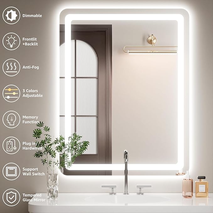 40" x 36" Led Bathroom Mirror with Lights, Anti-Fog & Tri-Color Lighting - Wall Mounted Shaving Mirror with Touch Sensor, Waterproof & Smart LED Vanity Mirror,Tempered Glass, Dimmable Smart Mirror