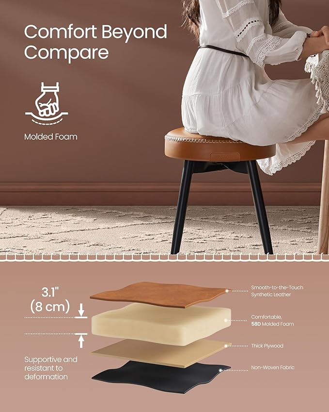 VASAGLE EKHO Collection - Dining Chairs Stools Set of 4, Upholstered Kitchen Chairs, Vanity Stools, Synthetic Leather with Stitching, Mid-Century Modern, 19-Inch Tall, Easy Assembly, Caramel Brown