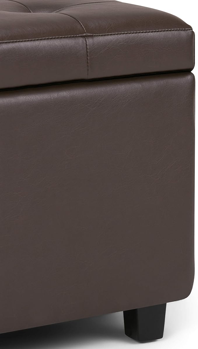 SIMPLIHOME Cosmopolitan Storage Ottoman - 34 inch Wide Upholstered Vegan Leather Rectangle Storage Ottoman Bench in Chocolate Brown, Transitional Tufted Ottoman for Living Room with Lift-Up Lid