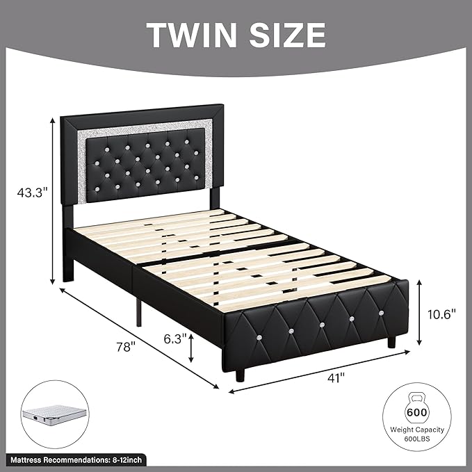 BarnFurin Twin Bed Frame with Headboard, Upholstered Bed with Diamond Tufted Design, Kids Bed Frame with Wooden Slats Support, No Box Spring Required, Easy Assembly, Black