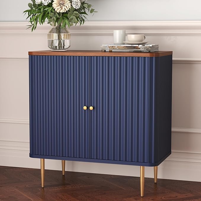 HLR Sideboard Buffet Cabinet with Fluted Texture, Blue Accent Cabinet with 2 Doors, Modern Credenza Storage for Kitchen Living Room, Entryway (Blue, 1 Piece)