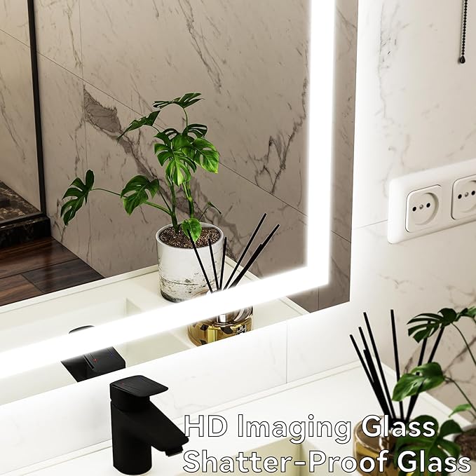 VooBang Bathroom Mirror with Lights 47 x 47 inches - 3 Adjustable Lighting Modes LED Bathroom Vanity Mirror, Anti-Fog, Memory Function, Tempered Glass, Wall Mounted Horizontally Vertically