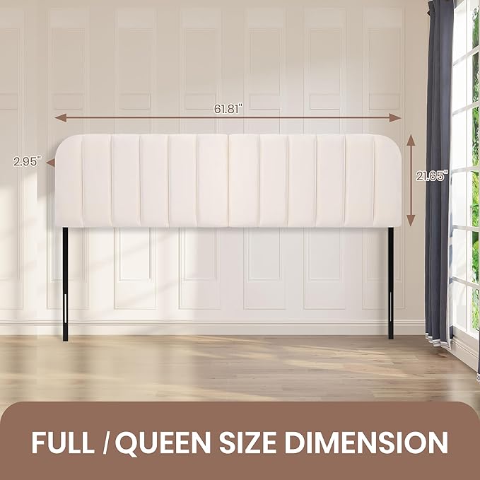 Upholstered Headboard - Striped Interval - Adjustable Height - Metal Legs - Bed Frame (Beige, Queen (U.S. Standard))