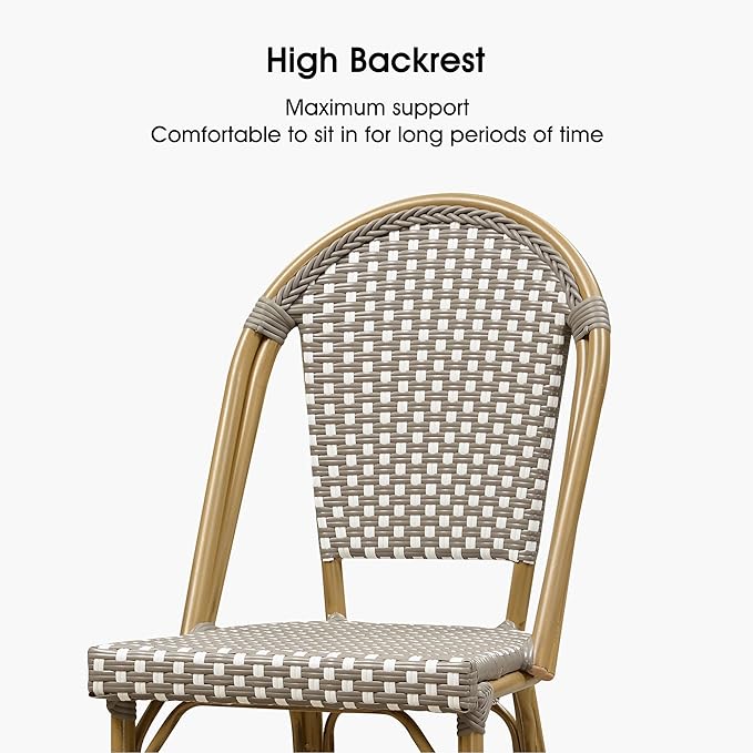 PURPLE LEAF French Bar Stool Set of 4 Bamboo Print Finish Patio Bar Stools with Back Wicker Bar Height Stool 30" with Footrest Kitchen Island Stools Outdoor Barstool Grey