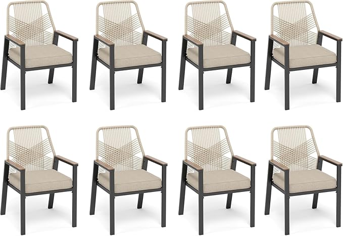 Patio Dining Chairs Set of 8, Heavy-Duty Woven Rope Outdoor Chairs with Waterproof Cushion and Wrought Iron Frame, All-Weather Outside Seating for Kitchen Garden Deck Backyard
