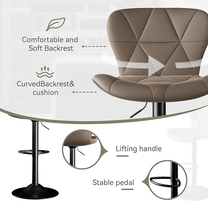 Bar Stools Set of 1,Adjustable Swivel Barstools, Faux Leather Bar Chairs,Upholstered Counter Height with High Backrest for Kitchen Island, Dark Khaki