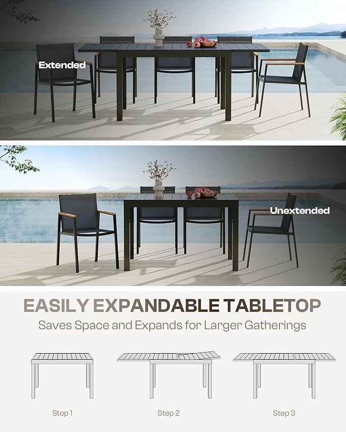 Expandable Outdoor Patio Dining Table Set for 6-8 Person, Aluminum Outdoor Table and 6 Chairs with Textilene Fabric & HDPS Armrest, All-Weather Patio Furniture Set for Yard, Garden, Gray