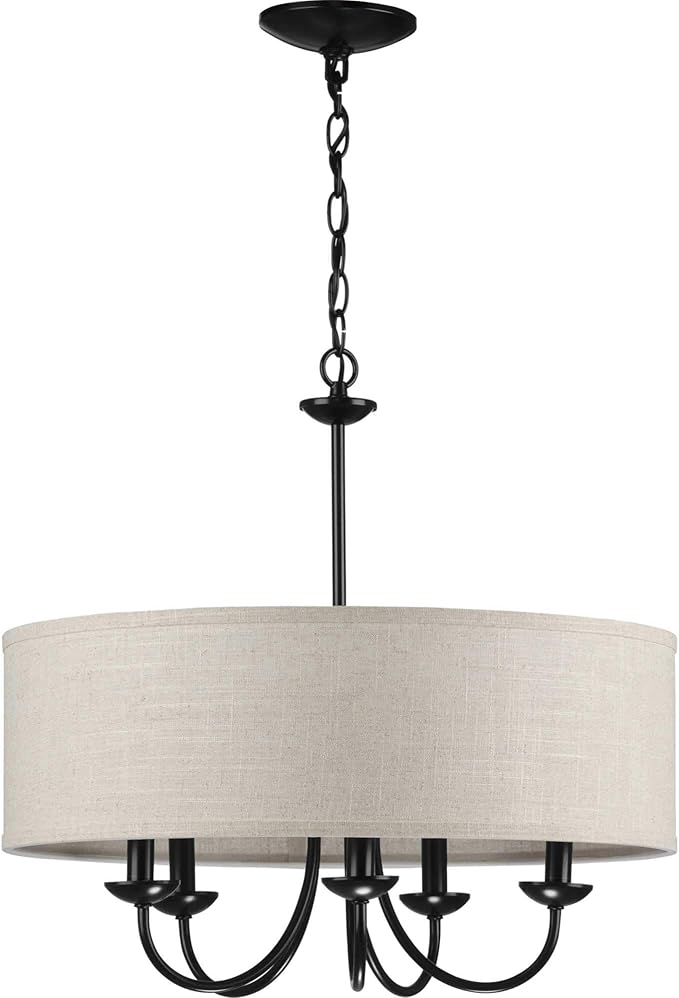 Progress Lighting Drum Shade Collection Five-Light Chandelier, Farmhouse Style Hanging Ceiling Light Fixture for Dining Rooms, Foyers, Harvest Linen Shade, Matte Black