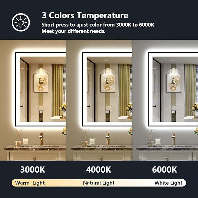 55x30 Inch LED Bathroom Mirror with Lights (Front Lit and Backlit) Black Framed Lighted Vanity Mirror for Bathroom Wall Dimmable Anti-Fog Memory Tempered Glass Horizontal/Vertical