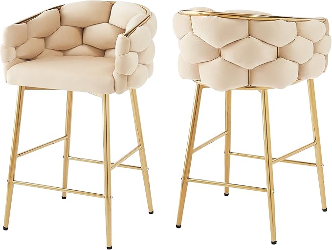 Christopher Knight Home Barrel Counter Stools,Velvet Counter Height Barstools, Modern Luxury Makeup Stool Upholstered Chairs with Gold Legs(Set of 2),Beige