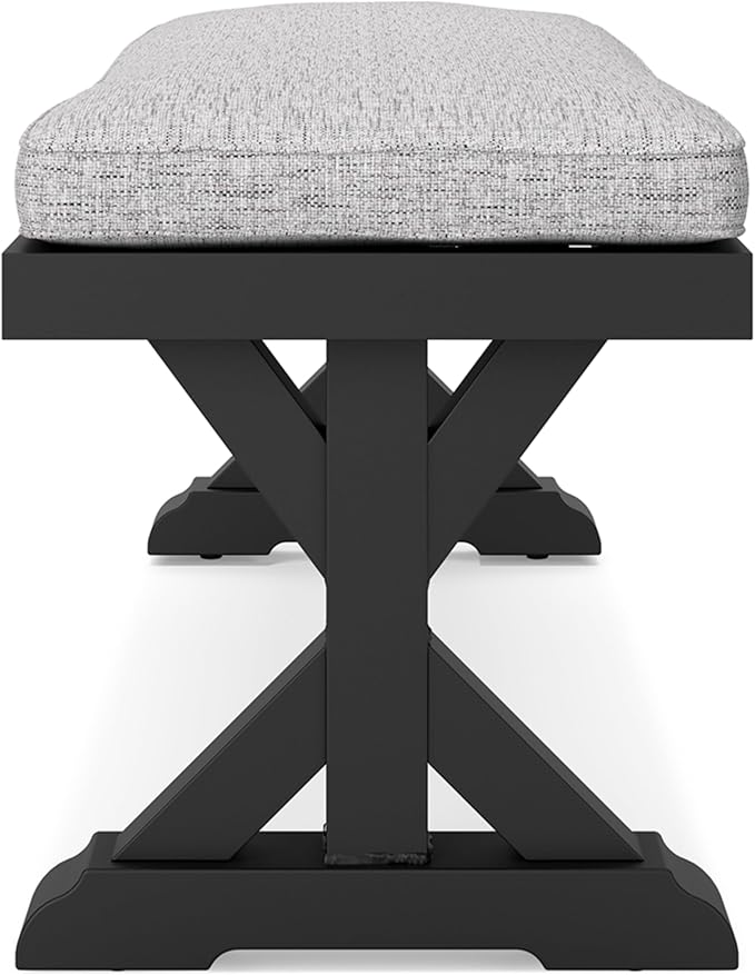 Signature Design by Ashley Beachcroft Casual Nuvella Weather Resistant Fabric Outdoor Bench with Cushion, Light Gray & Black