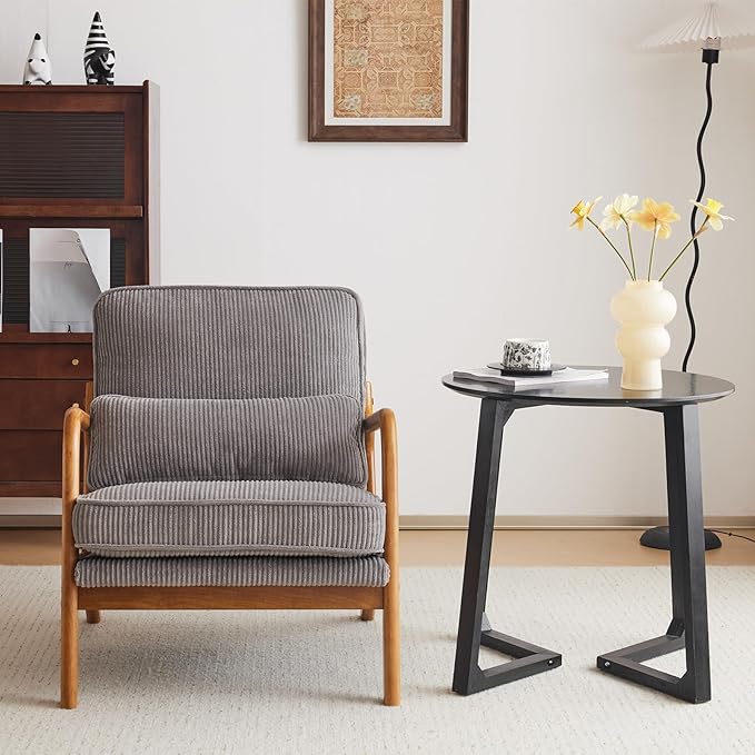 VINGLI Upgraded Premium Corduroy Accent Chair,Upholstered Arm Chair,Solid Wood Comfy Reading Chair with Lumbar Pillow, Mid Century Modern Chairs for Living Room,Bedroom,Guest Room,Light Grey