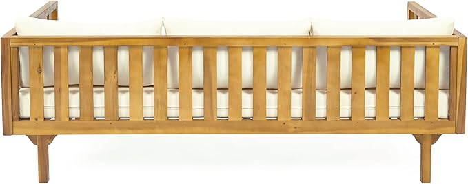 Christopher Knight Home Claremont Outdoor 3 Seater Acacia Wood Daybed with Fabric Water Resistant and Removable Cushions, Patio Garden Poolside Sofa with Slat Paneling Armrest and Back, Teak and Beige