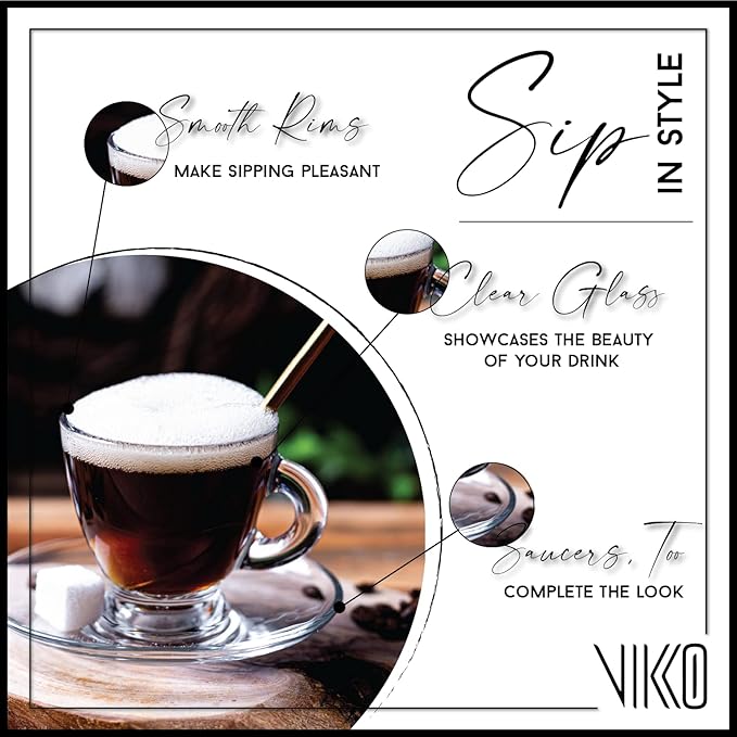 Vikko Espresso Cups, 3.25 Ounce Small Coffee Mugs with Saucer, Set of 4 Clear Glass Coffee Mug, Durable Dishwasher Safe Glass Cups for Coffee or Tea