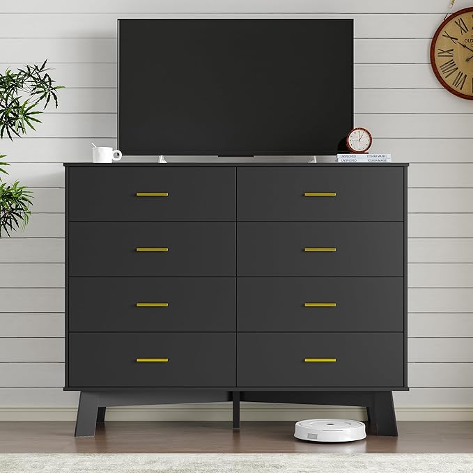 Dresser for Bedroom with 8-Drawer, 37" Tall Modern Chest of Drawers with Metal Handles, X-Shape Base & Adjustable Center Leg, Anti-Tip Closet Organizers and Storage
