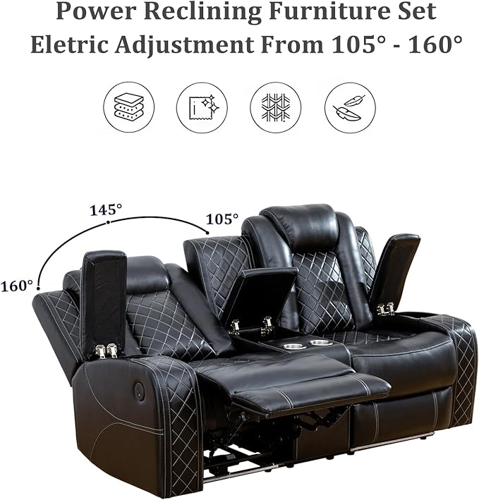 Power Recliner with LED, Black Leather Reclining Chair for Living Room, Muti-Functional Recliner with Storage Armrest/USB Ports for Living Room/Bedroom/Office