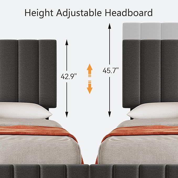 Garvee Queen Size Bed Frame with 4 Storage Drawers, Adjustable Height Headboard, Linen Upholstered Platform Bed Frame, No Box Spring Needed, Easy Assembly, Grey