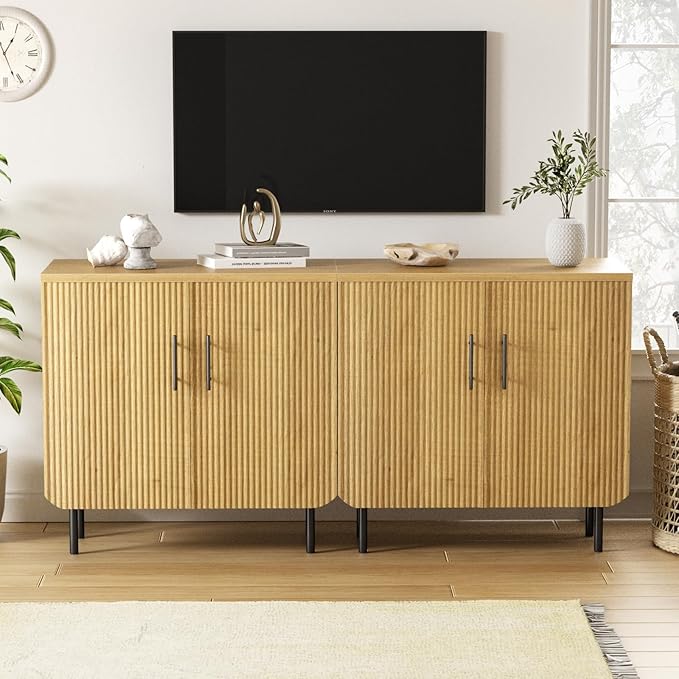 Set of 2 Fluted Natural Storage Cabinets, Modern 2-Door Sideboard Buffet Cabinet with Adjustable Shelves and Metal Legs, Accent Cabinet for Kitchen, Living Room, Entryway (Natural & Black)