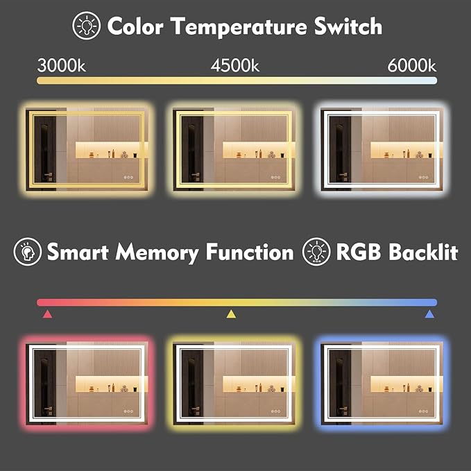 44x32 inch LED Bathroom Mirror with RGB Lights, Color Changing Backlit Mirror, Shatterproof, Dimmable Anti-Fog, Lighted Vanity Mirror (RGB Multicolor Backlit + Adjustable Front-Lighted)