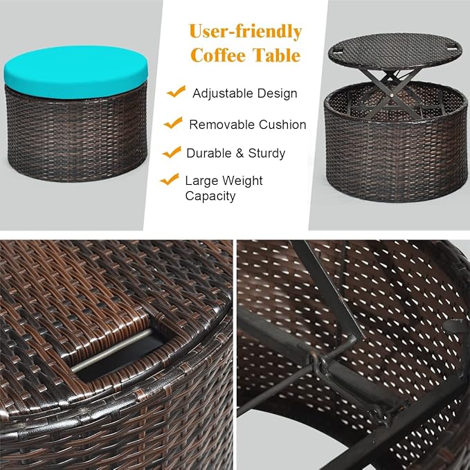COSTWAY Patio Round Daybed with Retractable Canopy, Wicker Furniture Sectional Couch with Separate Cushioned Seats, Adjustable Table Top, Patio Rattan Daybed Sofa for Poolside, Turquoise