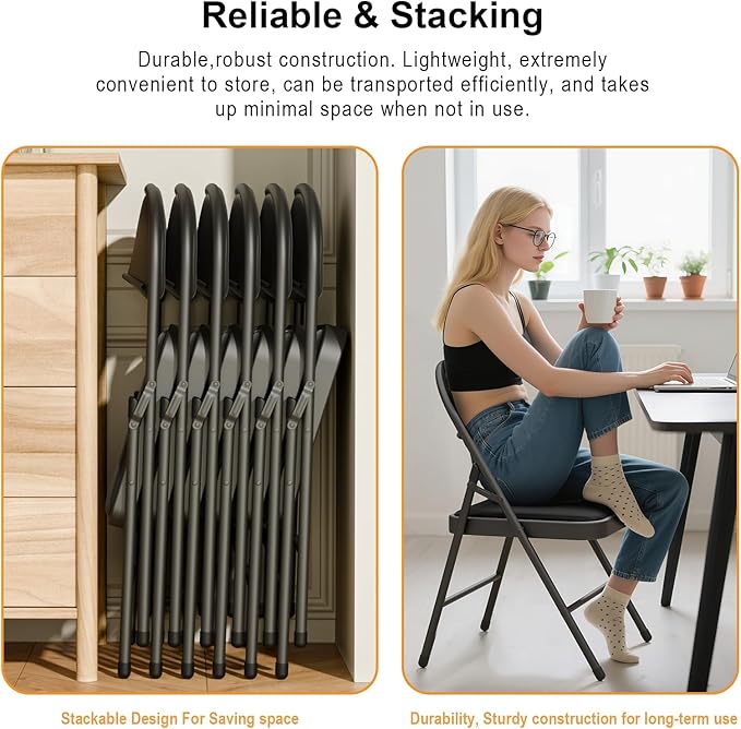 24 Pack Black Folding Chairs with Padded Cushion for Outside, Portable Stackable Commercial Metal Foldable Chairs with Steel Frame for Home Events Office Wedding Party, 350lbs Capacity