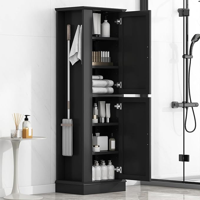 Tall Freestanding Storage Cabinet, Multi-Purpose Floor Organizer with 2 Doors, Hook and Adjustable Shelf for Bathroom, Office, Black