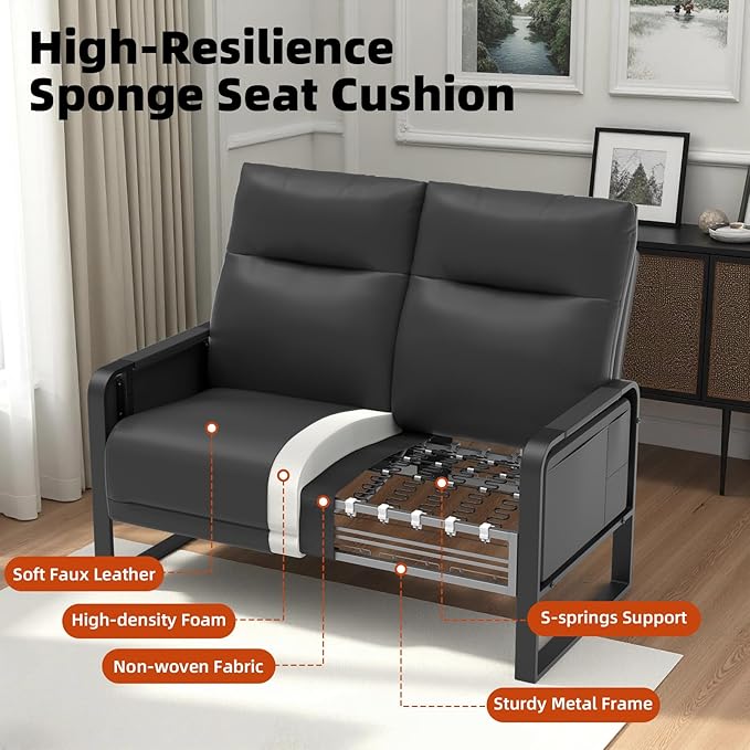 3-Piece Living Room Sofa Set, Faux Leather Loveseat & Accent Chairs Set of 2 with Foldable Tray Table & Storage Pocket, Upholstered Sofa Set for Small Spaces, Office, Black