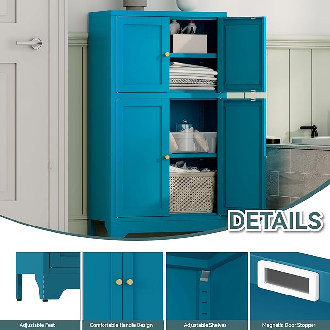 Blue Bathroom Floor Cabinet, Metal Storage Cabinet with 2 Adjustable Shelves & 4 Doors,Freestanding Sideboard for Dining Room,Living Room, Home Office