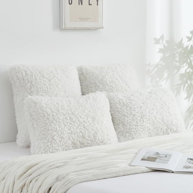 FUTEI Cream White Decorative Throw Pillow Covers 18x18 Inch Set of 2,Soft Fluffy Faux Wool Fur Boucle Textured Cushion Case,Modern Home Decor for Couch Bed Living Room Office