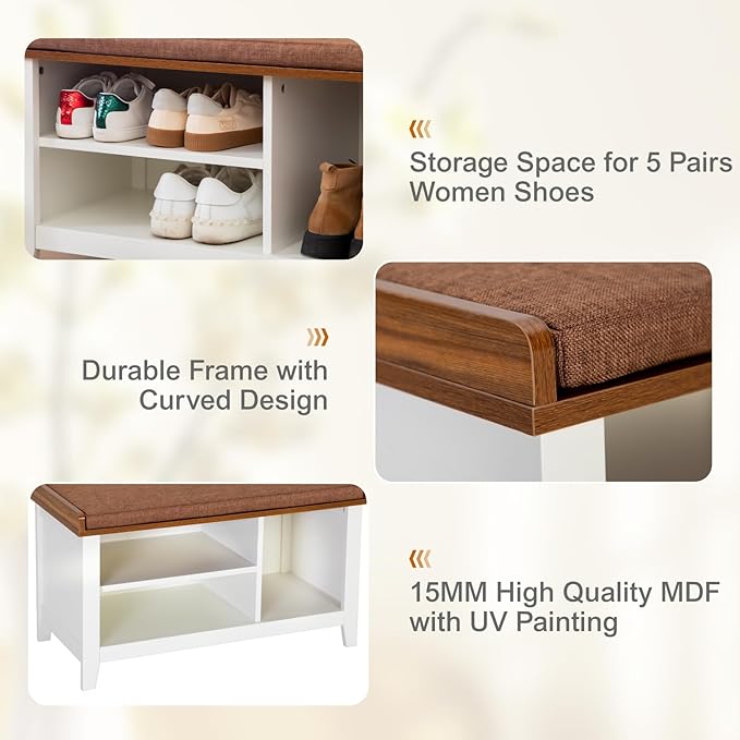 MFSTUDIO Shoe Storage Bench, White Shoe Entryway Bench with Seating Padded Cushion, Freestanding Shoe Rack Organizer for Entryway Hallway Living Room Bedroom, Brown Cushion
