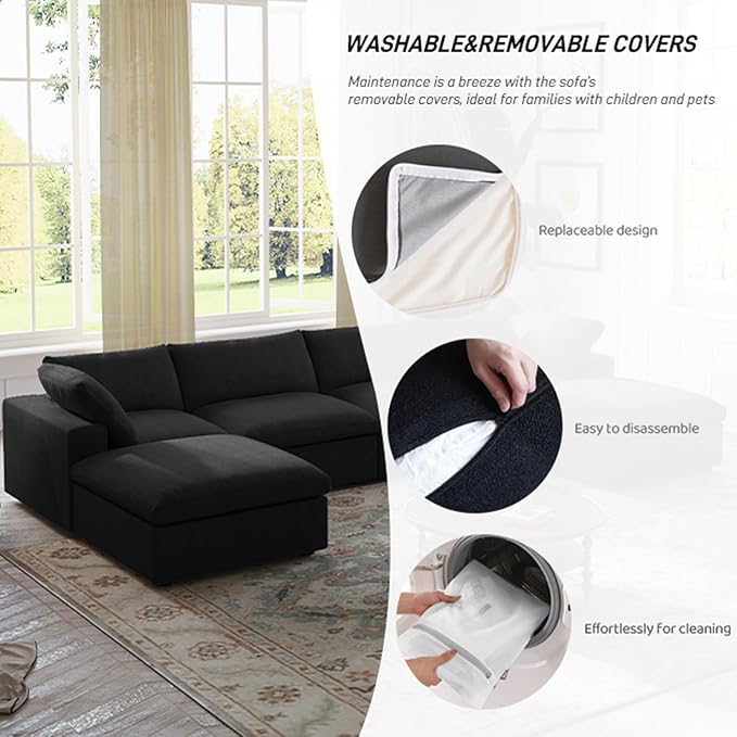 Cloud Couch Modular Sectional Sofa with Storage Ottoman,160.6" Down Filled 6 Seater Couch,V Shaped Oversized Convertible Sectional Sofa for Living Room,Covers Removable & Washable, Black