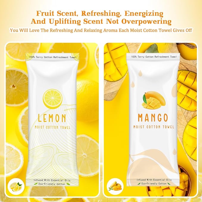 50 Pcs Moist Towelettes Individually Wrapped Scented Disposable Face Towels Essential Oil Infused Moist Terry Cotton Towel for Use Hot or Cold Travel Body Spa (Lemon Mango)