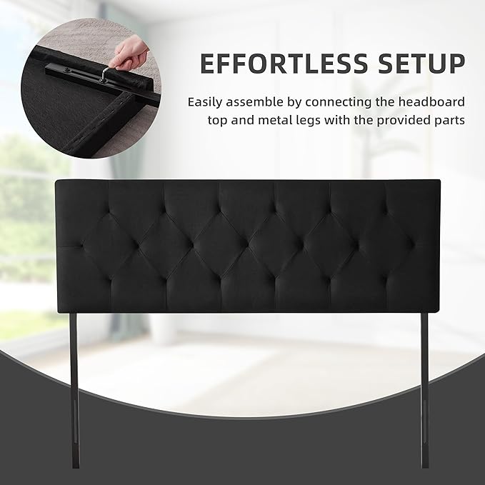 Linen Upholstered Headboard King Size, Modern Diamond Tufting Solid Wood California King Headboard Only, Adjustable Height from 37” to 51” Head Board, Bed Frame or Wall Mount Headboards, Black